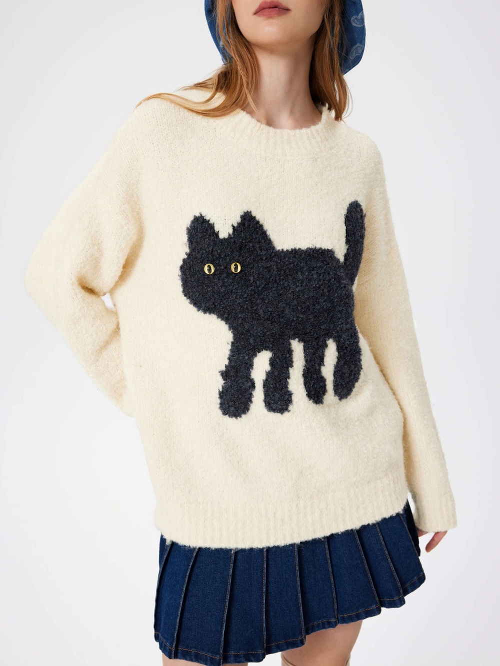 Cider Cream Black Cat Fuzzy Knit Oversized Sweater